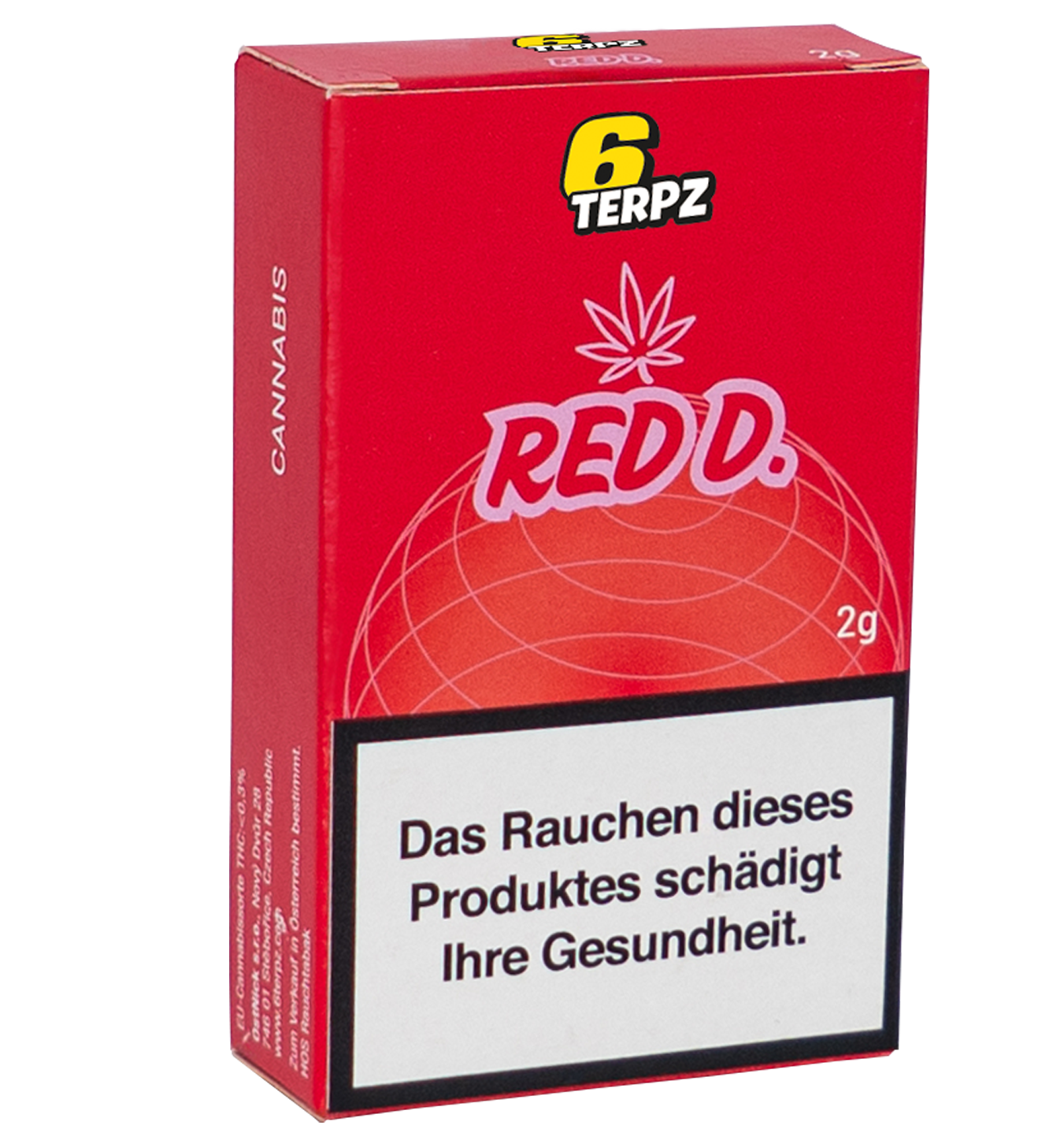 Verpackung des Cannabisprodukts Red D. von 6 Terpz mit Gesundheitswarnung